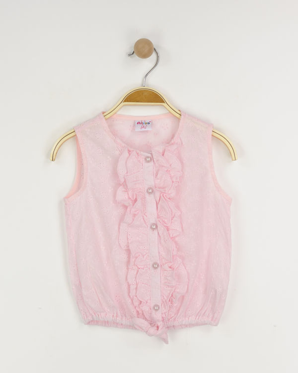 Picture of PT2407 GIRLS SLEEVELESS SHIRT WITH FRILL & EMBRODERY FLOWERS